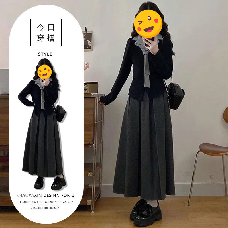 单件/甜酷风气质百搭女秋冬设计感假两件长袖上衣高腰显瘦半身裙,女装/女士精品,休闲运动套装,淘宝优惠券,粉丝福利购,淘宝优惠卷