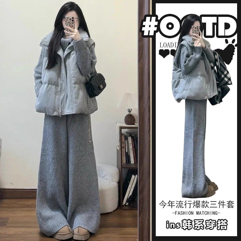 2025冬季韩版宽松马甲百搭针织毛衣高腰阔腿裤慵懒风小众三件套潮,女装/女士精品,休闲运动套装,淘宝优惠券,粉丝福利购,淘宝优惠卷