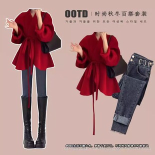 潮 两件套装 小香风减龄套装 女小众洋气红色战袍气质外套直简牛仔裤