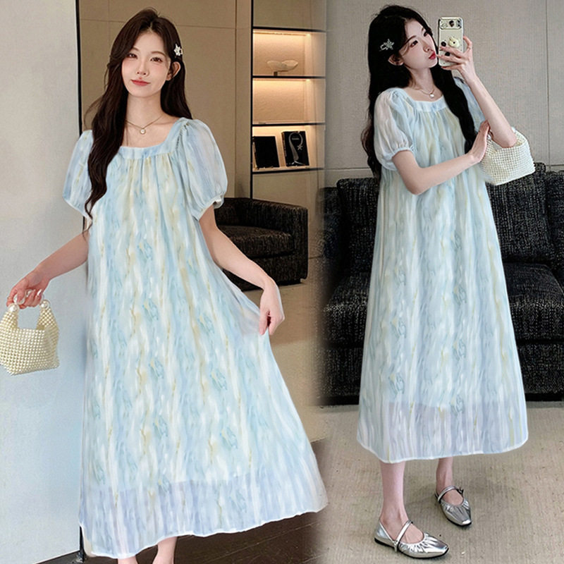 孕妇装连衣裙2025夏季新款甜美雪纺裙薄荷曼波扎染减龄外穿大码