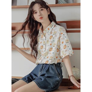 休闲港风chic防晒 夏季 设计感小众日系可爱印花兔子衬衫 女短袖