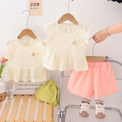 2025新款夏季儿童短袖套装男童时尚提花蕾丝短袖上衣短裤两件套