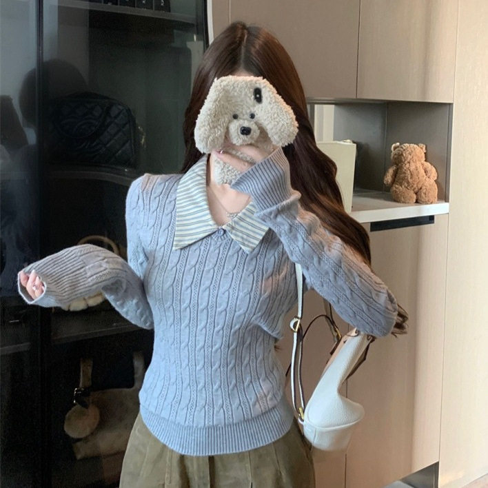 甜美风拼接条纹翻领麻花针织衫女装2025秋冬新款修身显瘦百搭上衣