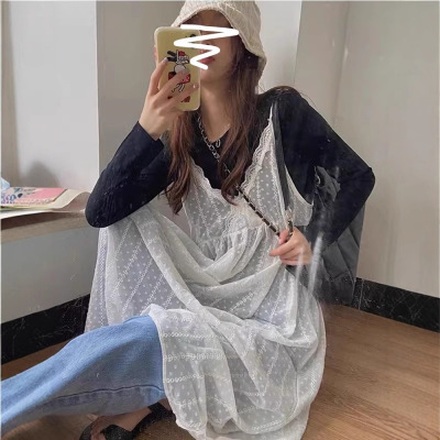 韩系叠穿蕾丝吊带裙女春季新款设计小众网纱裙帘罩衫连衣裙子