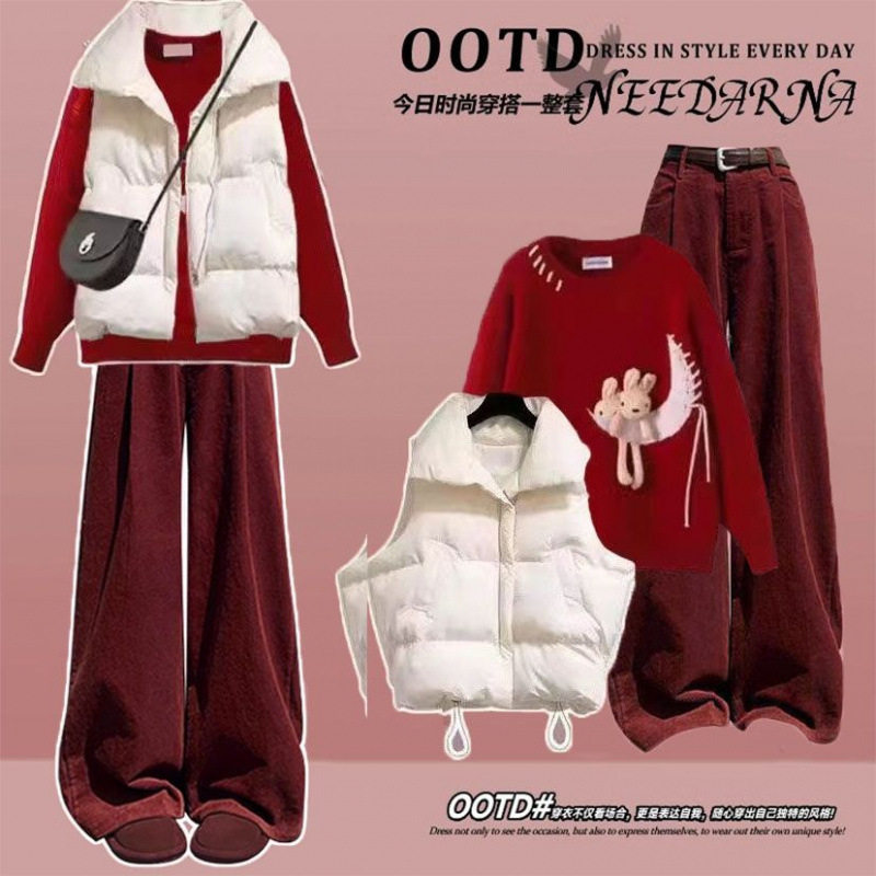 冬季穿搭一整套女韩版宽松设计感红色毛衣+棉马甲阔腿裤三件套潮