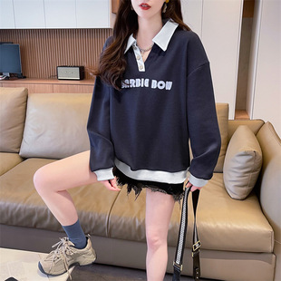 设计感撞色卫衣 2025新款 跨境华夫格卫衣女polo领字母长袖 薄款