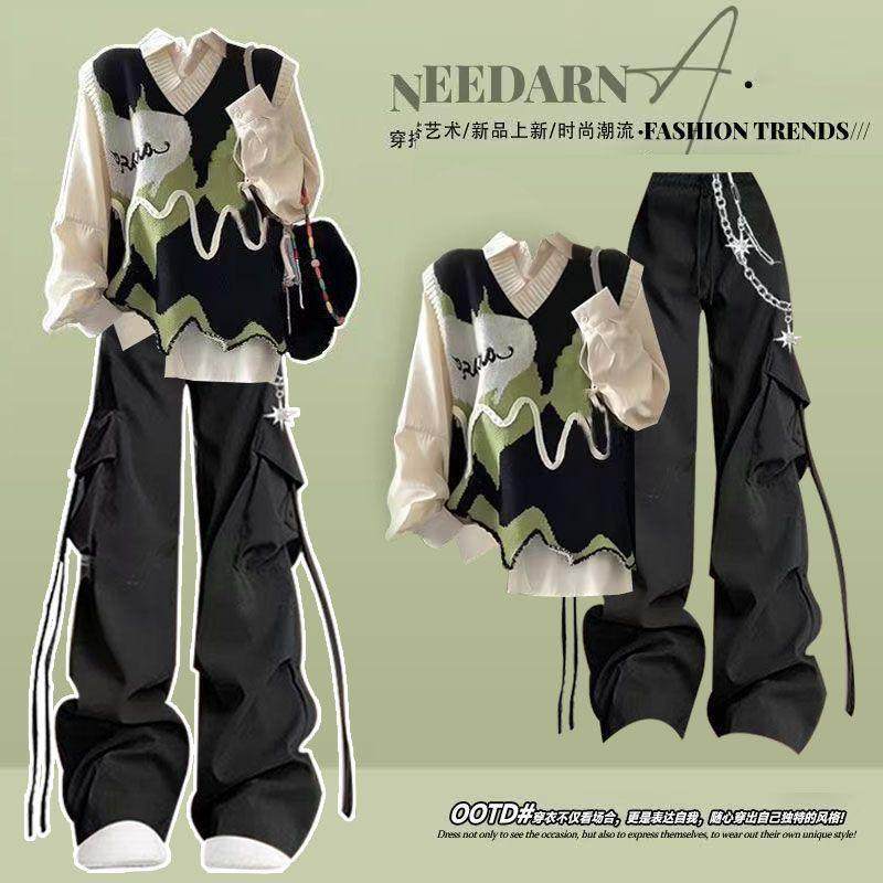 学院风一整套ootd森系穿搭针织马甲套装2025春季酷飒拽姐工装裤子