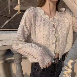 外搭 初秋薄款 2023圆领波浪边长袖 镂空毛衣女复古钉珠针织开衫
