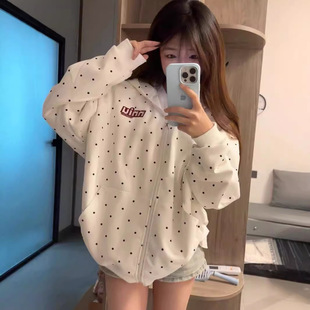 宽松小个子刺绣国潮拉链外套 新款 跨境波点卫衣女连帽开衫 春秋季