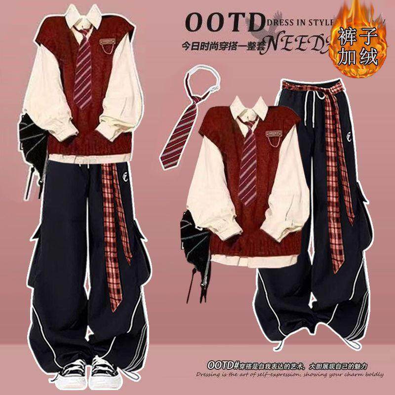 春季少女15高初中学生16毛衣衬衫阔腿裤新年套装17女孩18岁三件套
