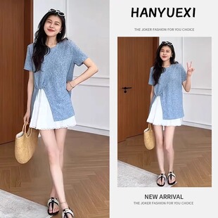 韩里韩气两件套小众别致开叉短袖T恤女学院风减龄高腰半身裙套装