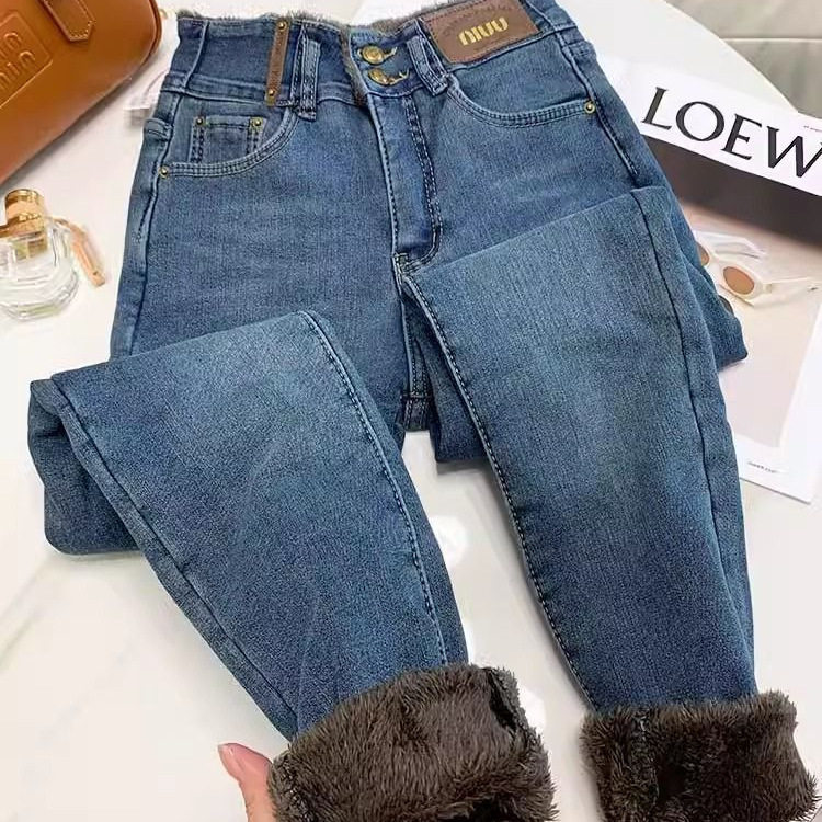高腰加绒加厚羊羔小脚牛仔裤女冬季大码胖mm修身显瘦保暖外穿靴裤