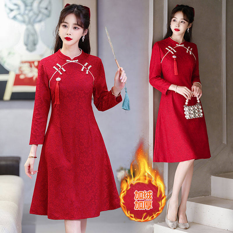 加绒加厚姐妹聚会回娘家旗袍秋冬加绒加厚遮肚腩旗袍连衣裙中长款