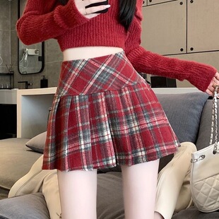 红色格子百褶裙女秋冬毛呢半身裙高腰a字短裙加厚复古辣妹JK裙子