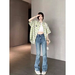 衬衫 绿色格子短袖 女polo领清新显白设计小众独特别致 新款 夏季