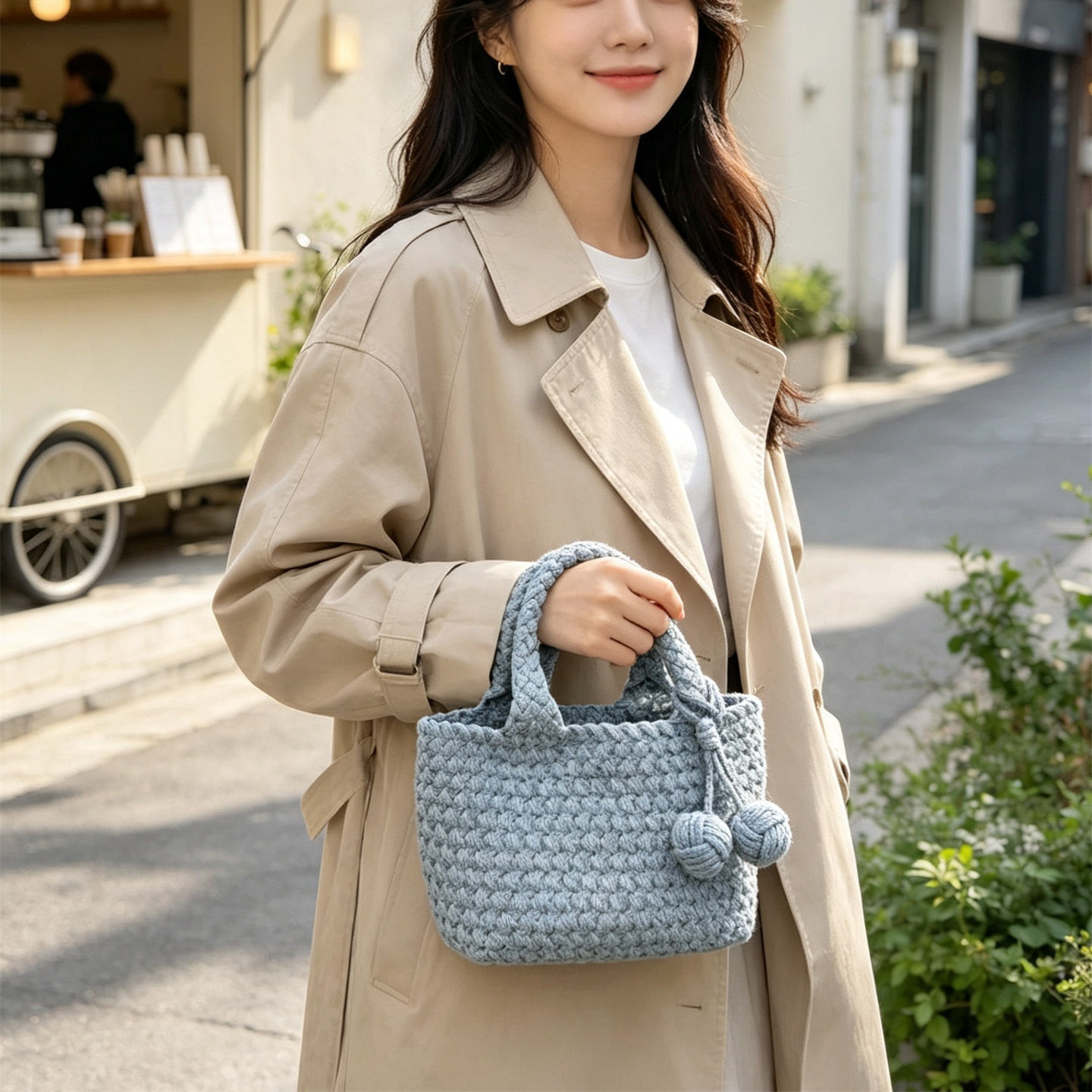 手工牛仔布编织菜篮子包女2026新款蓝色手提斜挎包休闲托特包