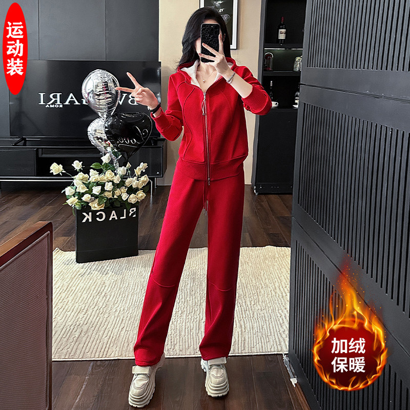 本命年大红色连帽卫衣运动套装女秋冬双拉链加绒加厚阔腿裤两件套