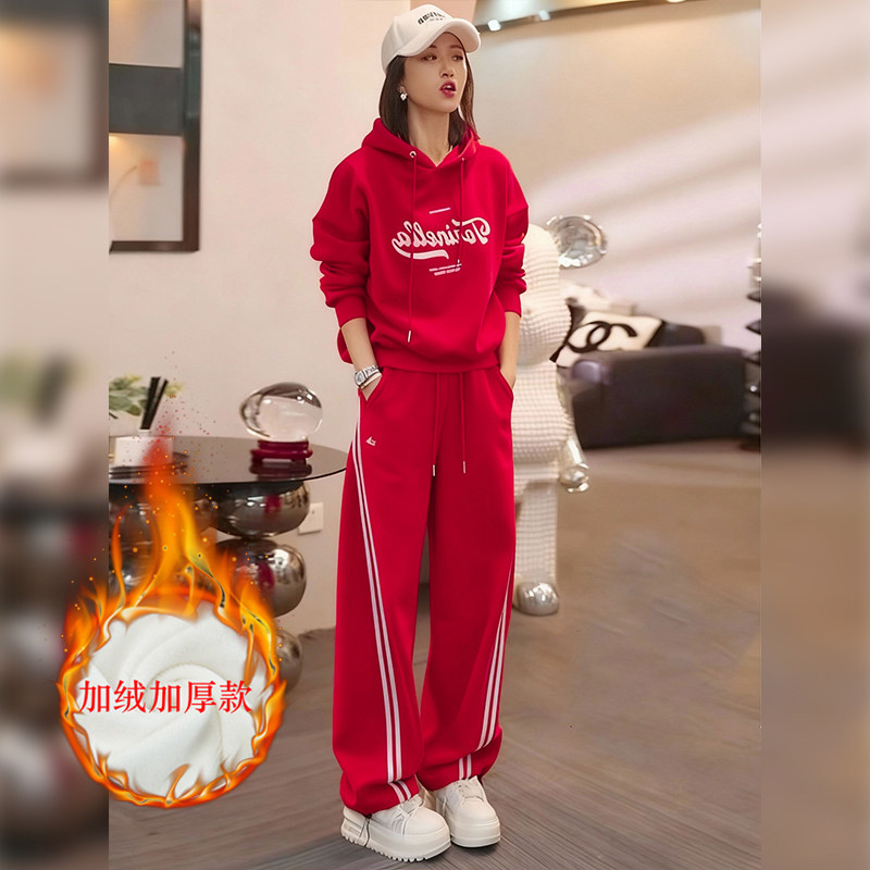 欧货大红字母加绒连帽卫衣休闲运动套装女秋冬侧条纹阔腿裤两件套