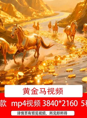 4K一群黄金马在河水里行走奔跑企业励志年会马元素AI动画背景视频