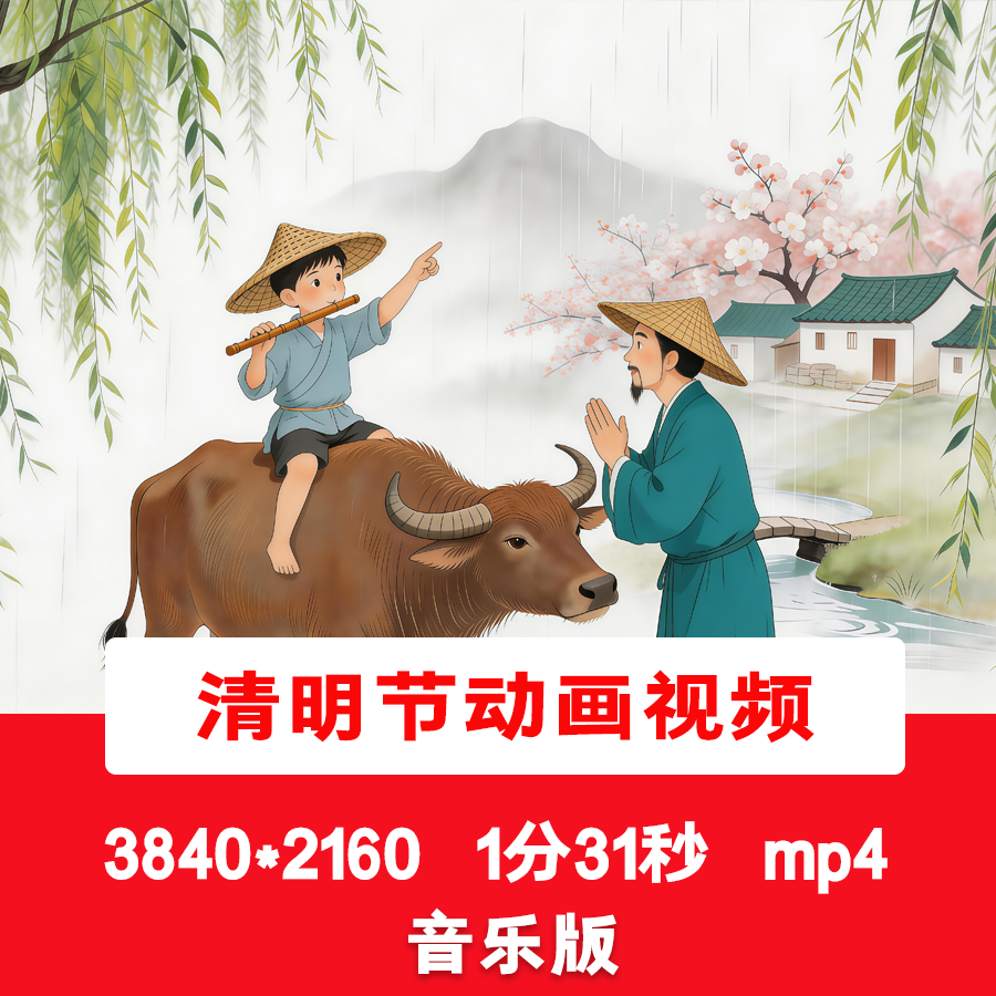 4K清明时节雨纷纷牧童指路杏花村古诗词朗诵演讲背景视频