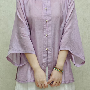 裳裳者华 春燕 紫色日常春夏秋明制汉服天丝提花方领半袖短衫