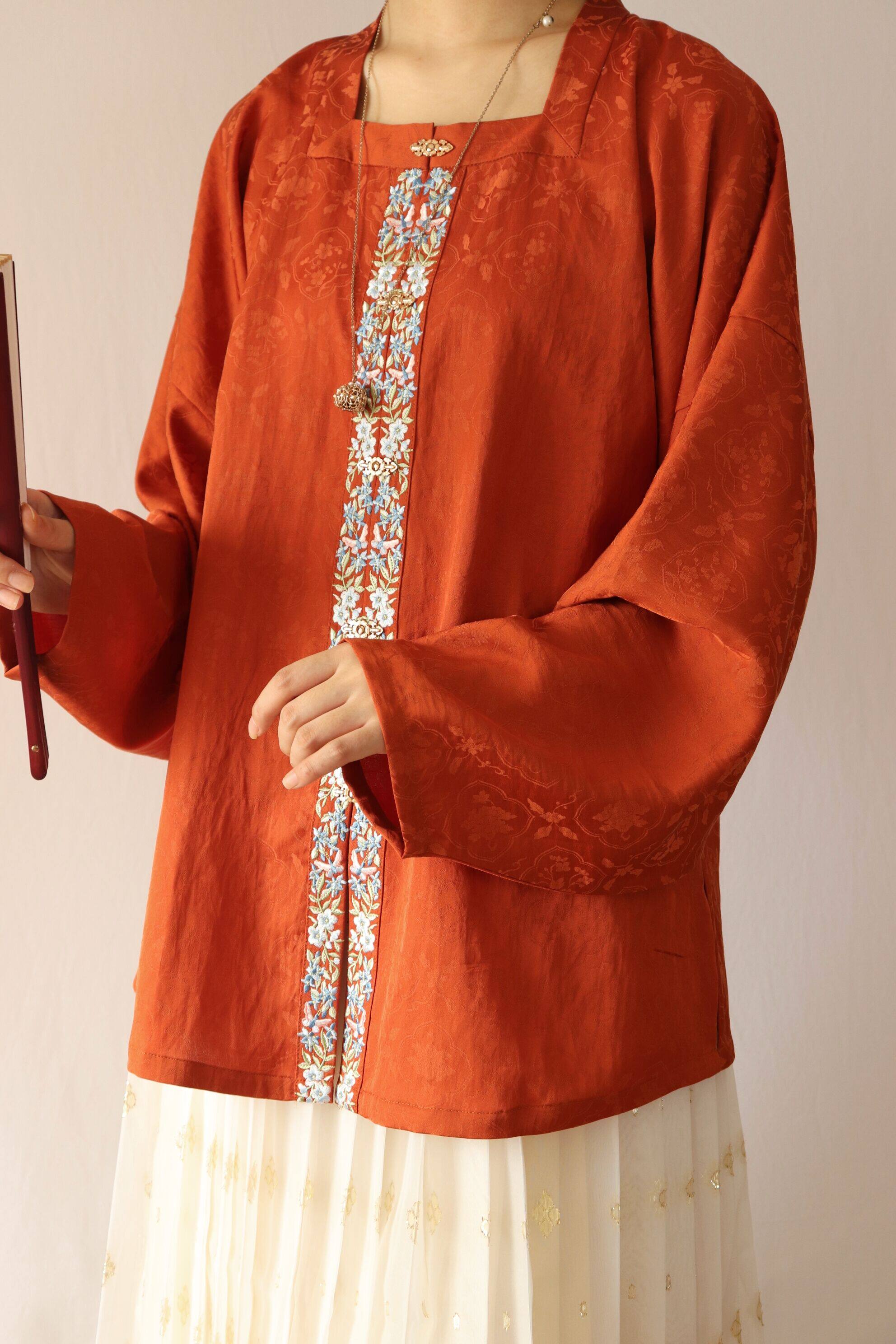 SHANG SHANG ZHE HUAYING 차 오리지널 데일리 봄 여름 명나라 HANFU TENCEL 자카드 자수 스퀘어 넥 보우 포켓 슬리브 짧은 셔츠
