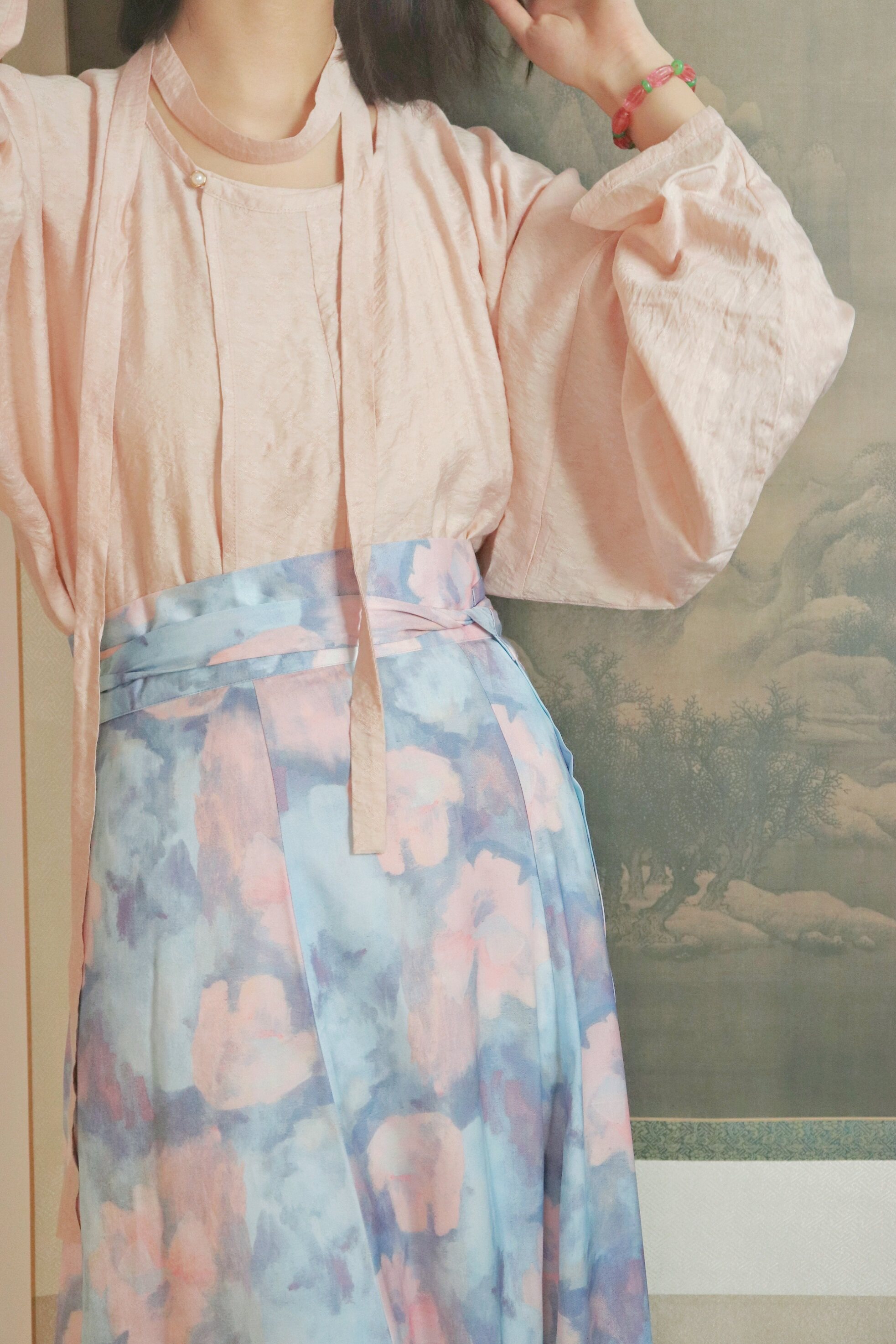 SHANG SHANG ZHE HUA 핑크 블루 데일리 봄 여름 가을 당나라 라운드 넥 짧은 셔츠 대형 가디건 긴 찢어진 스커트 HANFU