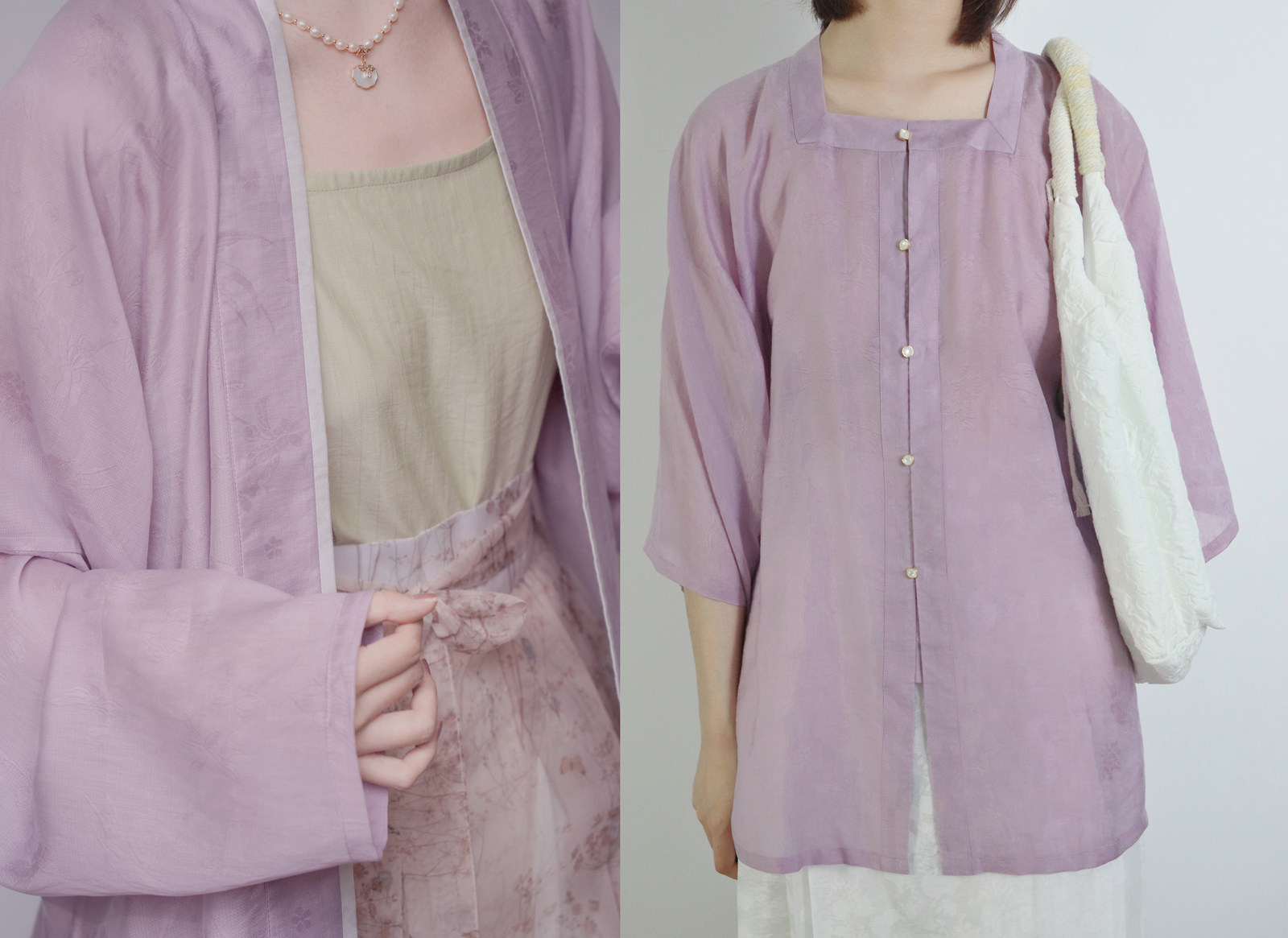 SHANG SHANG HUA CHUNYAN 봄 여름 가을 송 및 명나라 텐셀 자카드 스트레이트 칼라 더블 브레스티드 롱 셔츠 스퀘어 칼라 반소매 짧은 셔츠