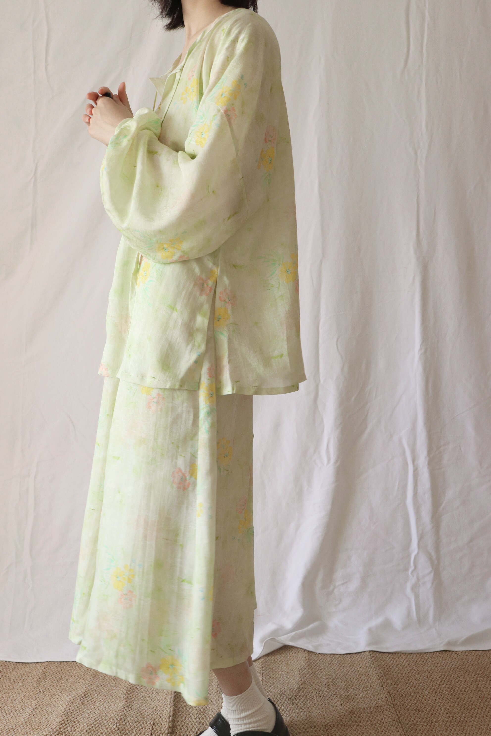 상상 중국 한복 원소 텐셀 자카드 프린트 라운드 넥 더블 브레스티드 블라우스 당나라 찢어진 스커트 봄 여름 가을