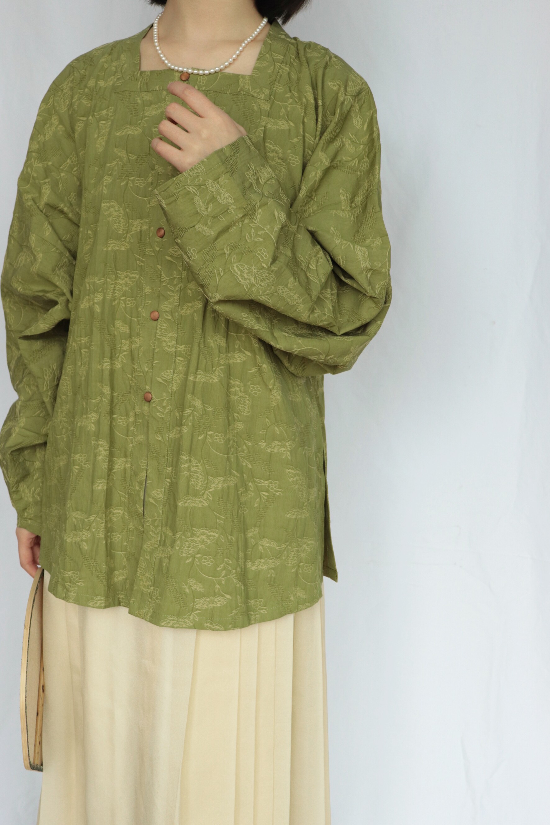 SHANG SHANG ZHE HUALVDIE 오리지널 데일리 봄 여름 QIU MING HANFU 텐셀 코튼 자카드 스퀘어 칼라 보우 포켓 슬리브 블라우스