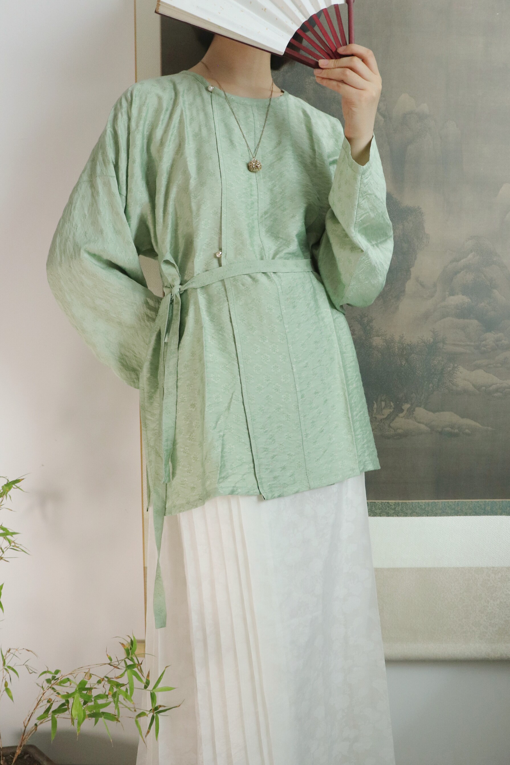 SHANG SHANG ZHE HUA 핑크 블루 데일리 봄 여름 가을 당나라 라운드 넥 짧은 셔츠 대형 가디건 긴 찢어진 스커트 HANFU