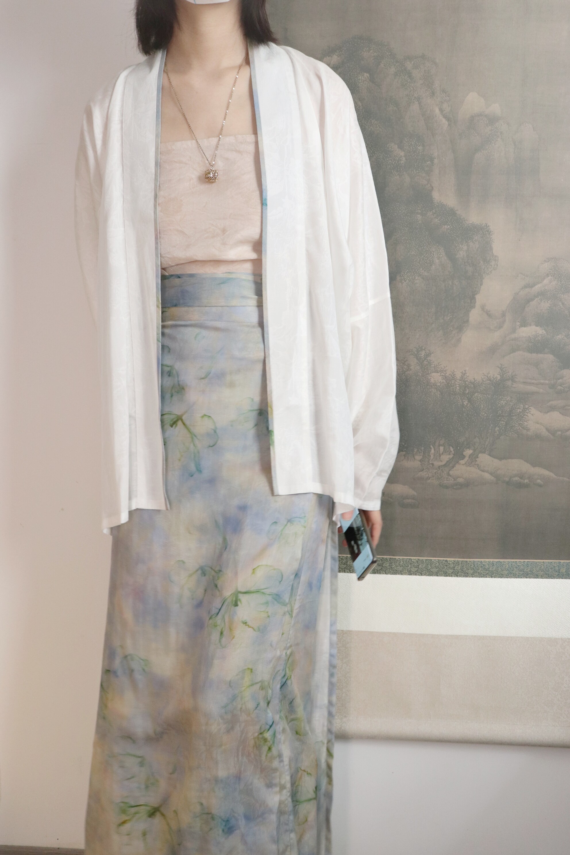 SHANG SHANG ZHE HUA YU TENCEL 인쇄 된 송 왕조 스트레이트 칼라 더블 옆을 터 놓은 부분 비행기 소매 짧은 셔츠 투피스 스커트 나선형 스커트 DAILY HANFU