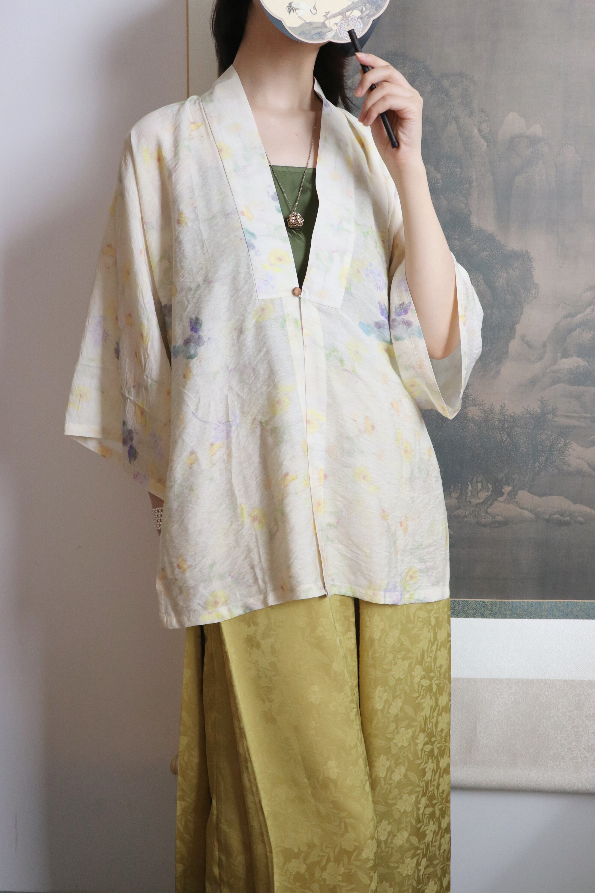 SHANG SHANG ZHE HUA GOUACHE 봄 여름 가을 일일 MING TENCEL 프린트 칼라 셔츠 반소매 더블 브레스트 쇼트 셔츠 HANFU