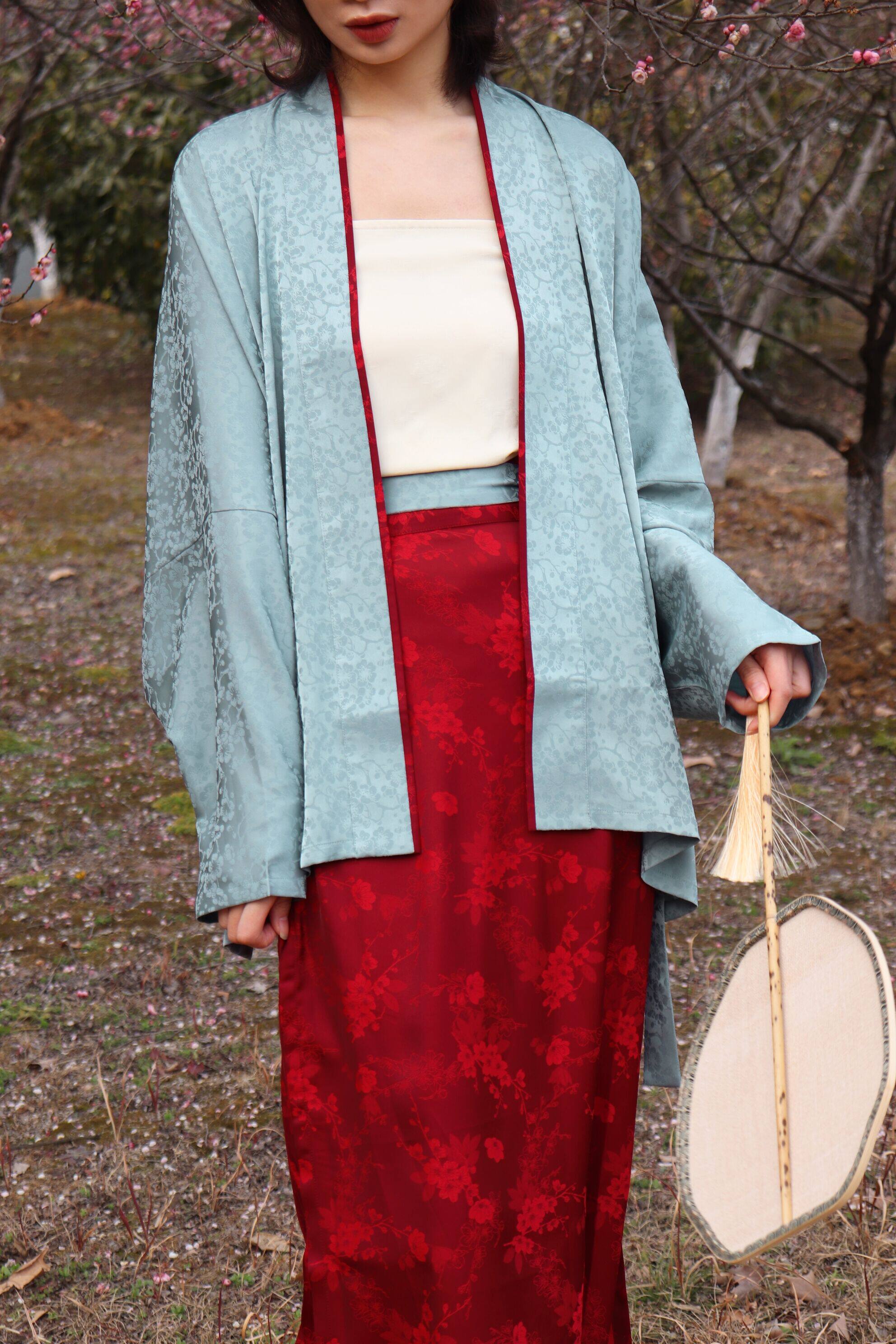 SHANG SHANG ZHE HUA PIANPIAN 원래 송나라 스트레이트 칼라 더블 브레스트 비행기 소매 짧은 셔츠 투피스 스커트 나선형 스커트 데일리 HANFU