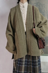 裳裳者华 海松茶 宋制直领对襟飞机袖短衫短袄双面毛呢日常汉服