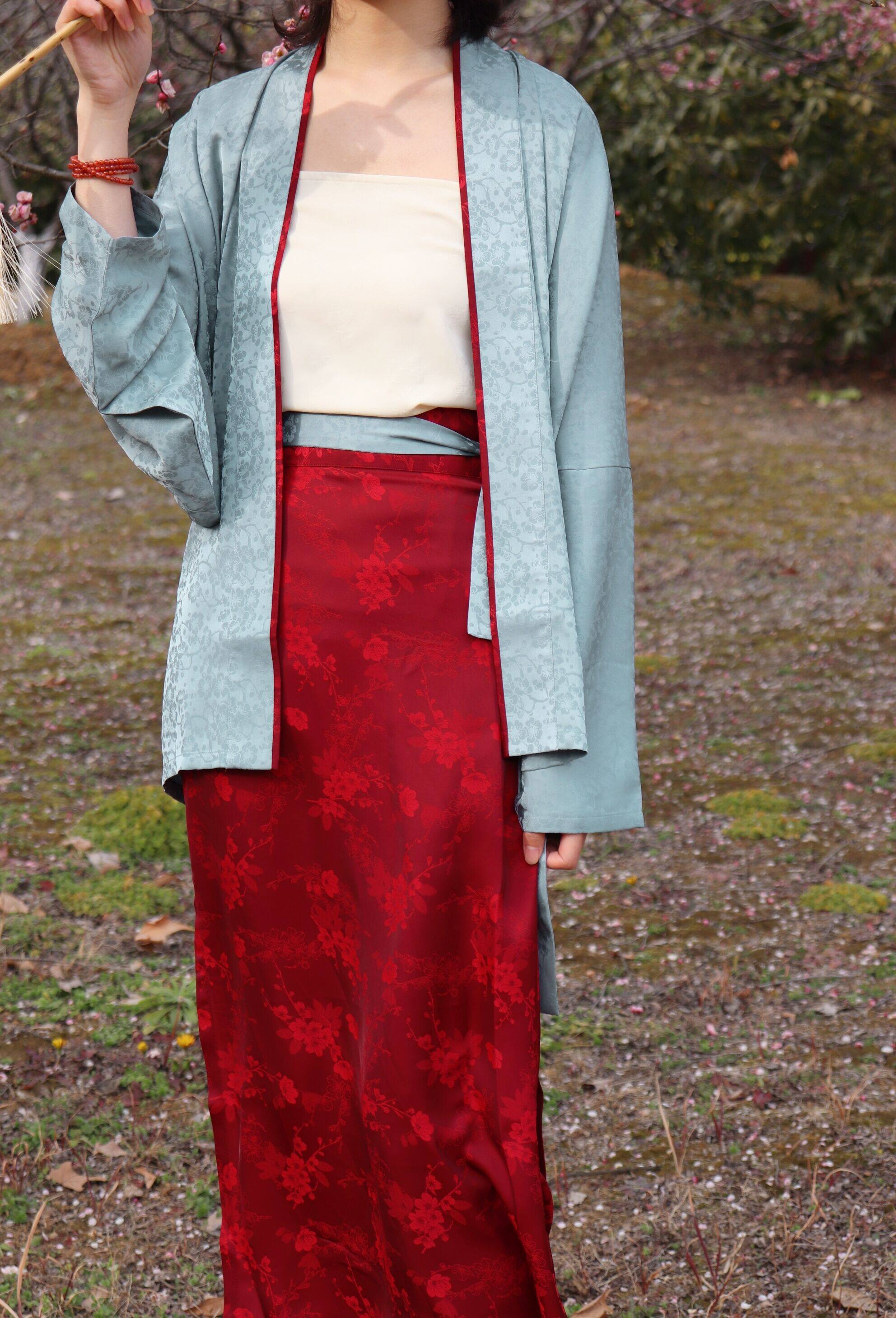 SHANG SHANG ZHE HUA PIANPIAN 원래 송나라 스트레이트 칼라 더블 브레스트 비행기 소매 짧은 셔츠 투피스 스커트 나선형 스커트 데일리 HANFU