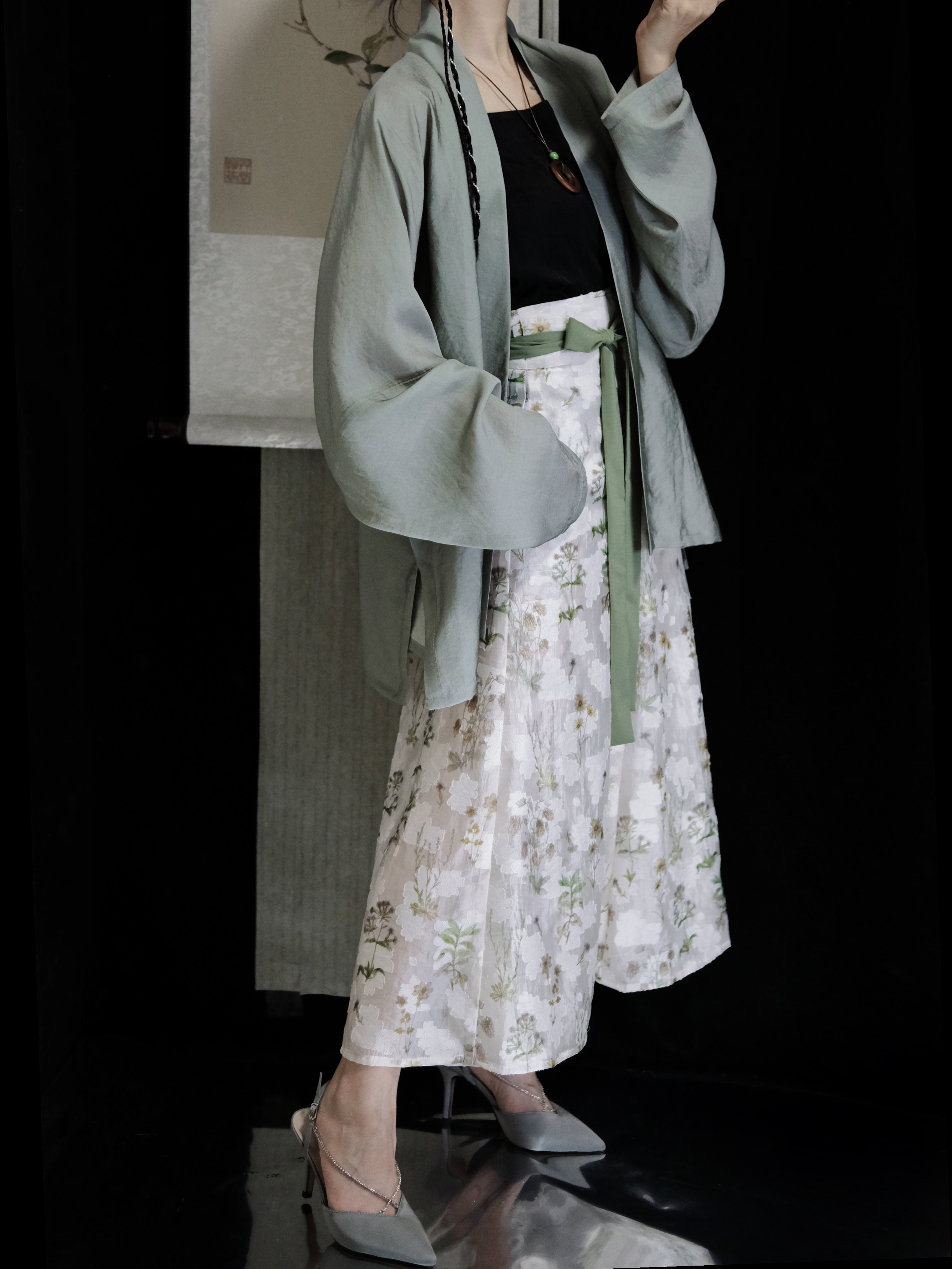 SHANG SHANG ZHE HUA QINGYE의 원래 2색 송나라 스트레이트 칼라 더블 브레스트 아세테이트 비행기 소매 짧은 셔츠 데일리 HANFU 봄과 가을