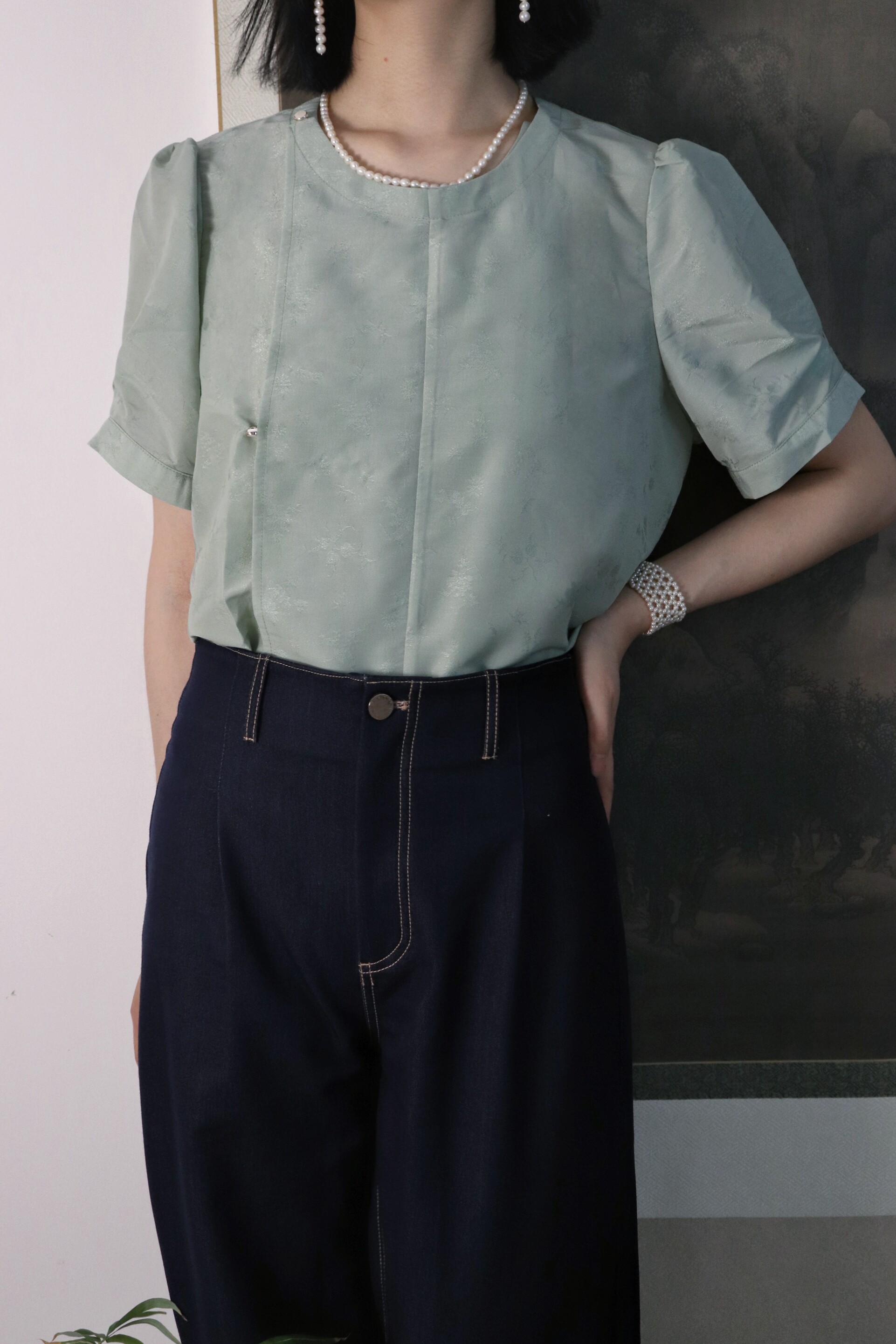 SHANG SHANG ZHE HUA 멀티 컬러 HANFU 요소 당나라 라운드 넥 반팔 짧은 셔츠 데일리 셔츠 국가 스타일 새로운 중국 스타일 봄 여름