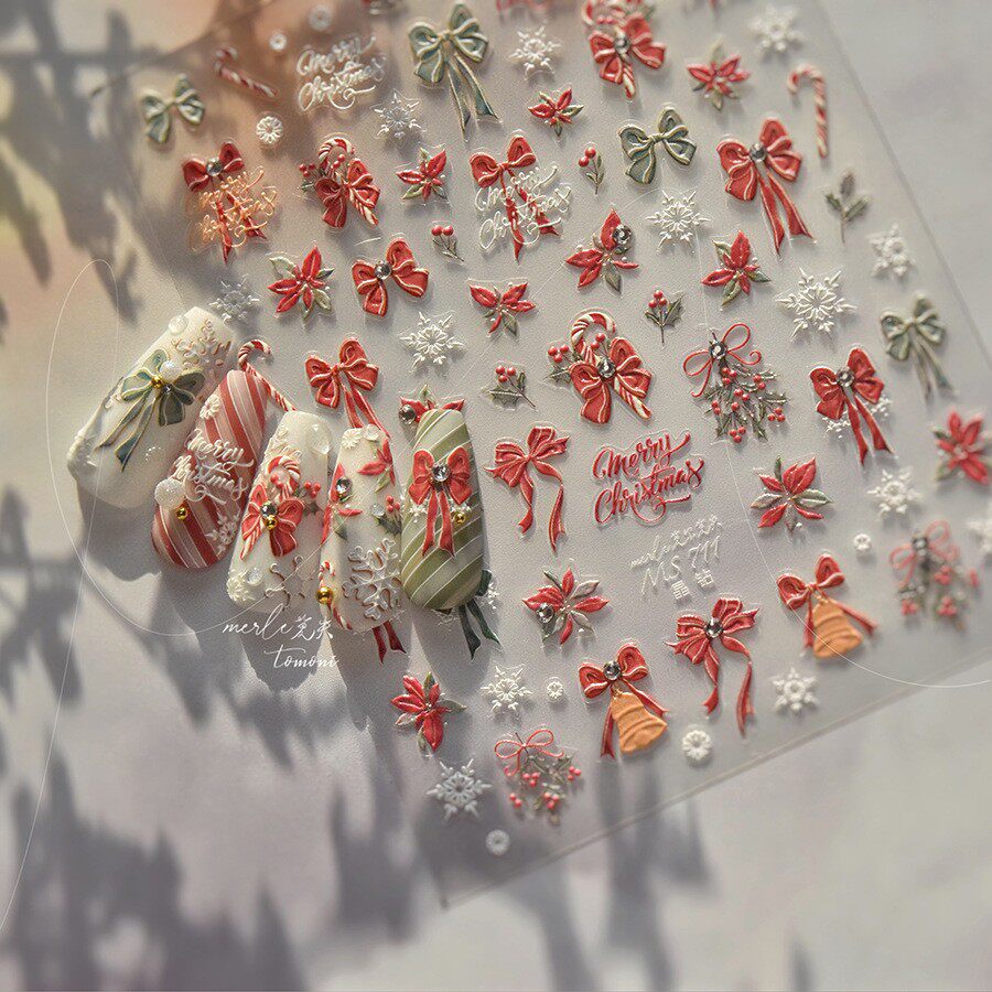 贝壳光圣诞节红色蝴蝶结美甲贴纸5D浮雕圣诞树白色雪花指甲贴纸