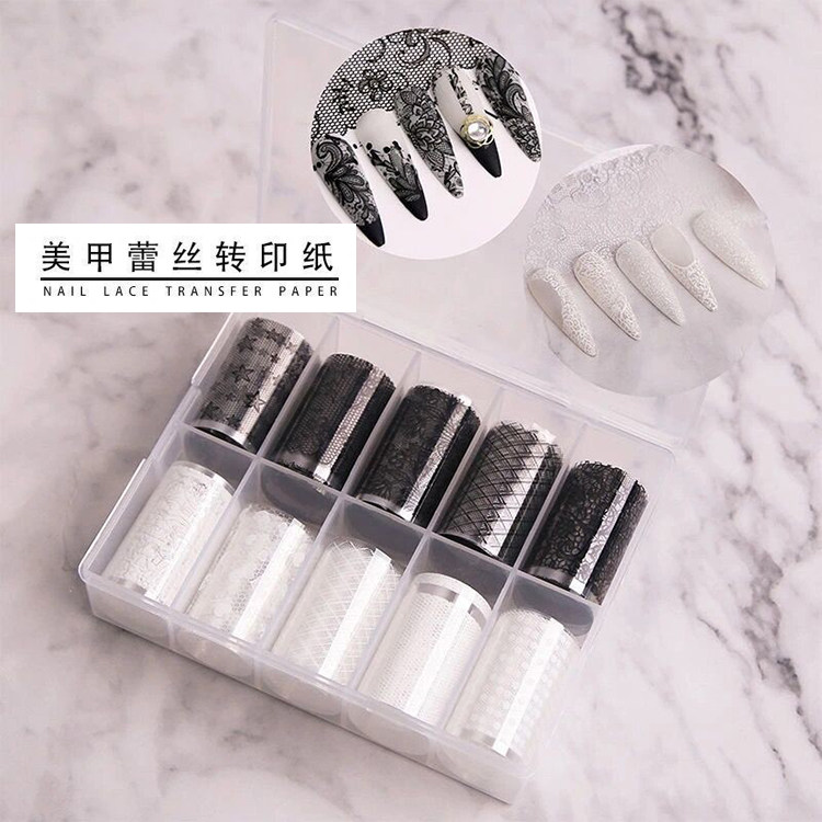 黑色蕾丝转印纸网红同款黑白网纹美甲星空贴纸贴花ins风持久套装