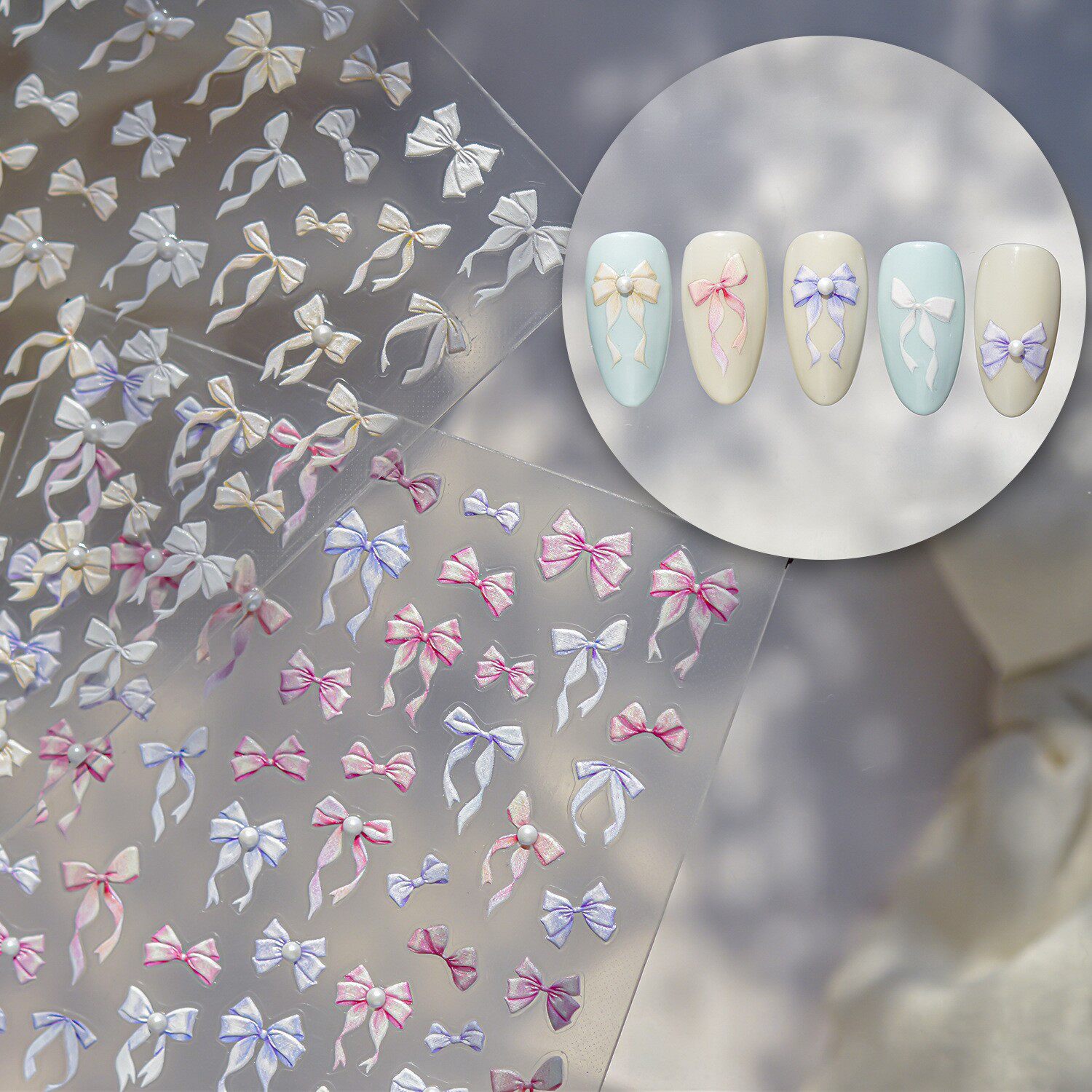 甜美小清新蝴蝶结美甲贴晶钻珍珠粉色白色飘带蝴蝶结浮雕指甲贴纸