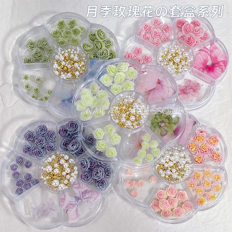 新款月季玫瑰花美甲饰品薄纱蝴蝶山茶花大小混装珍珠套盒指甲饰品