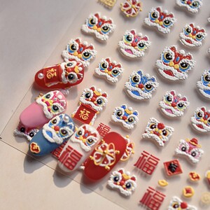 国潮鸿运醒狮蛇年美甲贴纸tomoni立体5d浮雕文具手机壳指甲贴饰品