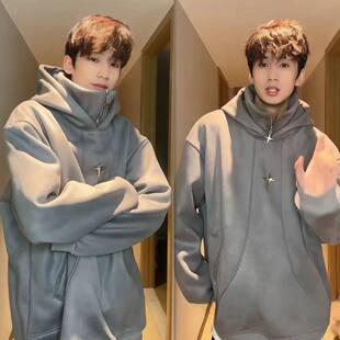 聪名陈街头风重磅纯色潮牌卫衣金属设计连帽卫衣街头高领休闲外套