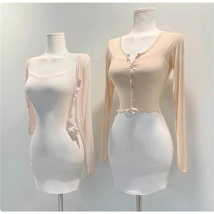 现 韩国新品 女人味性感微透显胸大紧身t恤长袖小开衫女短款上衣