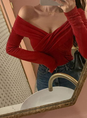 春季新款v领交叉修身显瘦性感漏背露肩一字领长袖t恤女打底上衣潮