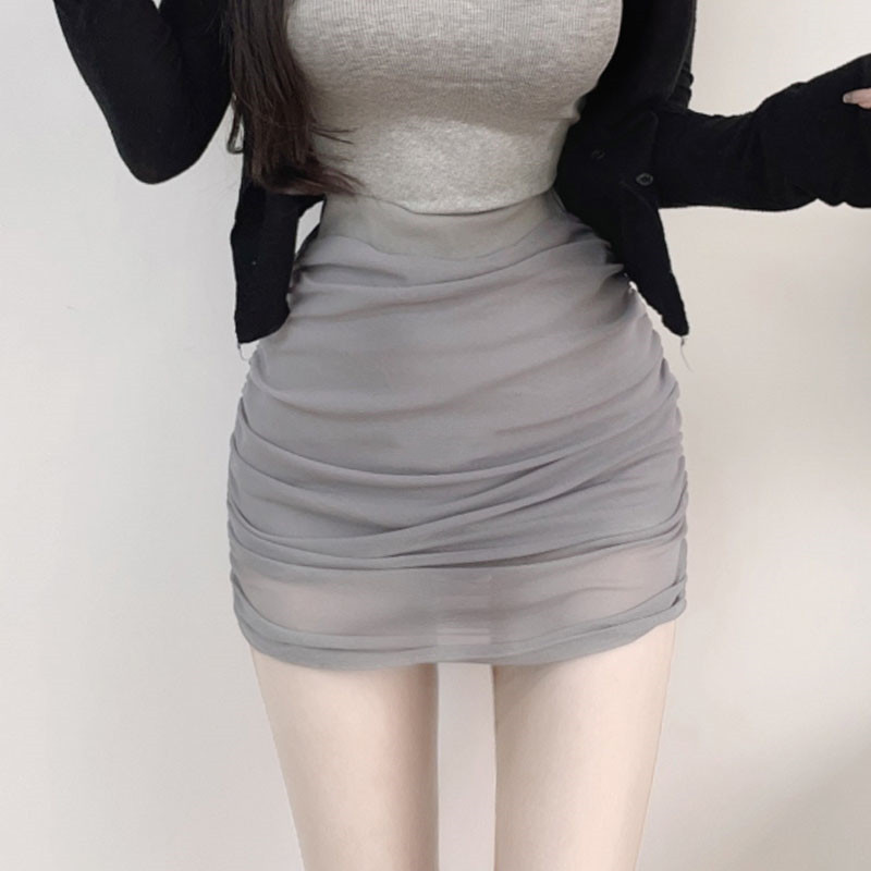 包臀裙弹力修身褶皱网纱一步裙紧身性感高腰辣妹高级感半身裙短裙
