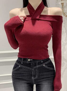 一字肩挂脖性感上衣女紧身长袖t恤女黑色漏肩打底衫秋冬内搭