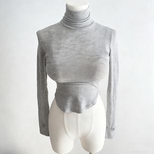 现货~韩国东大门秋冬新款高领紧身透视长袖打底T恤弧形显腰线上衣