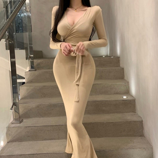 韩国收腰系带显身材性感女人味V领低胸包臀时尚长袖连衣裙长裙子